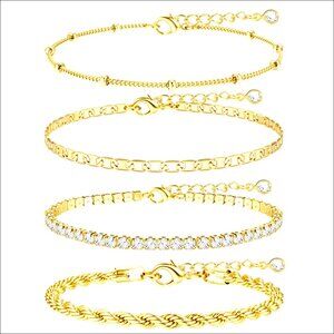 Gold Plated Bracelets Set Non Tarnish Stackable Link Chain